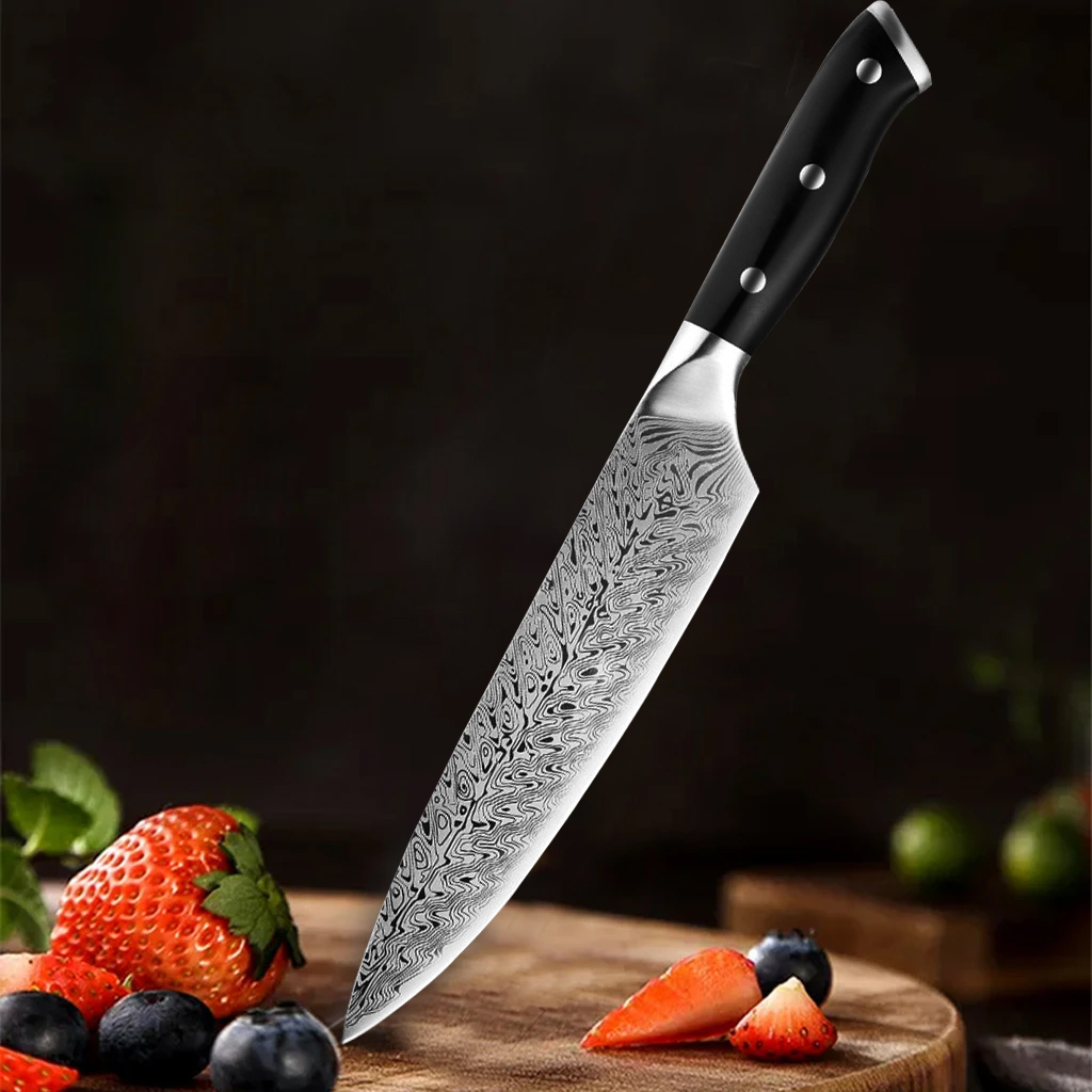 Wok Carbon Steel - Damascus pattern kitchen knife, black anti-slip